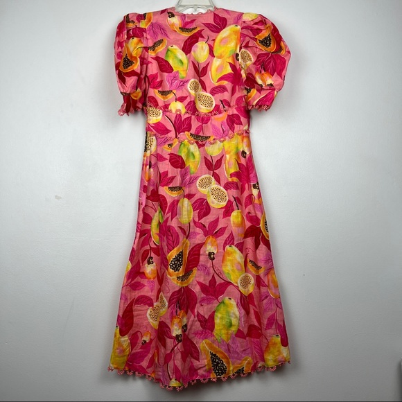 FARM Rio Pink Papaya Salad Linen Printed Puff Sleeve Dress - Size Small - Picture 6 of 9